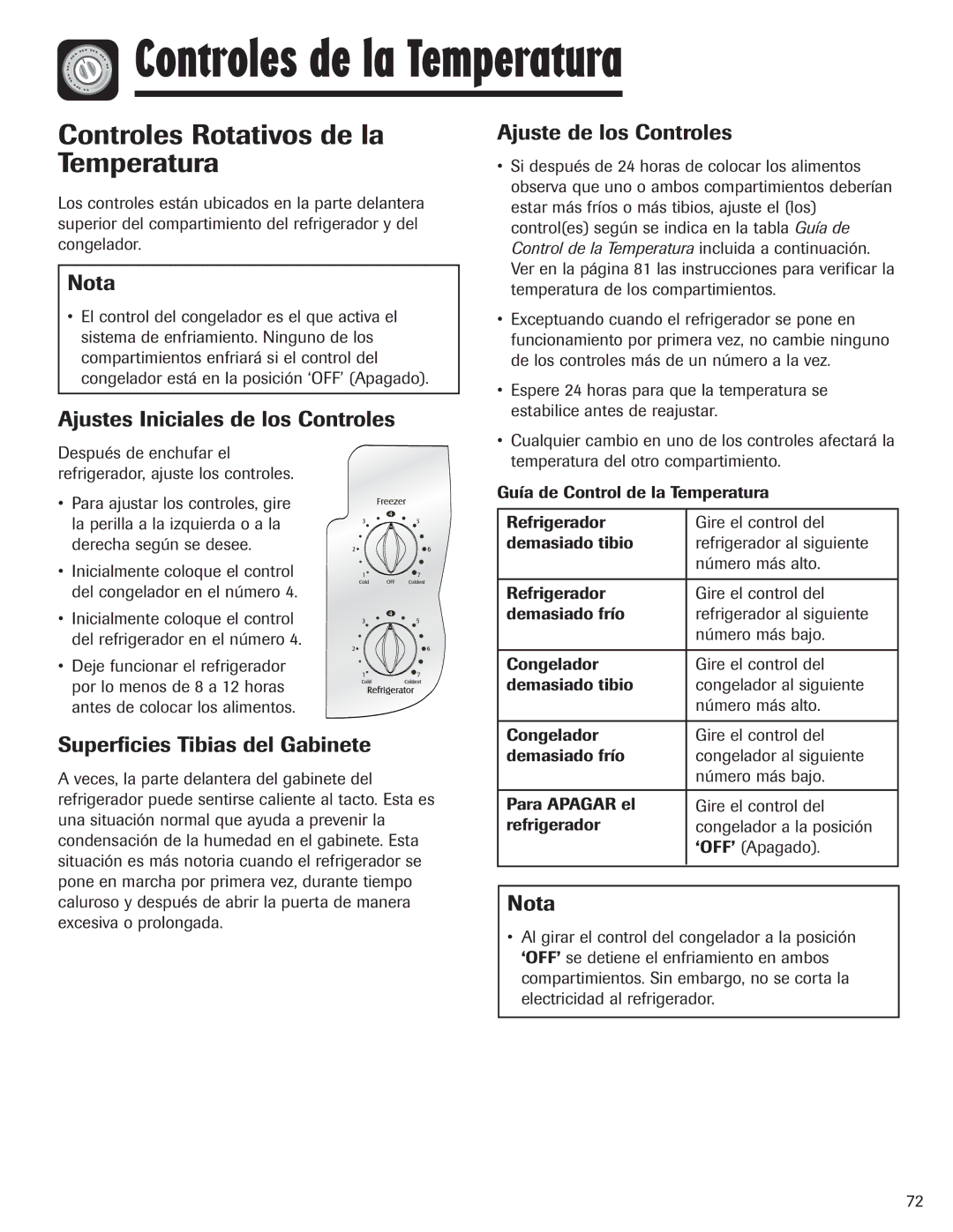 Maytag 12842130 Controles de la Temperatura, Controles Rotativos de la Temperatura, Ajustes Iniciales de los Controles 