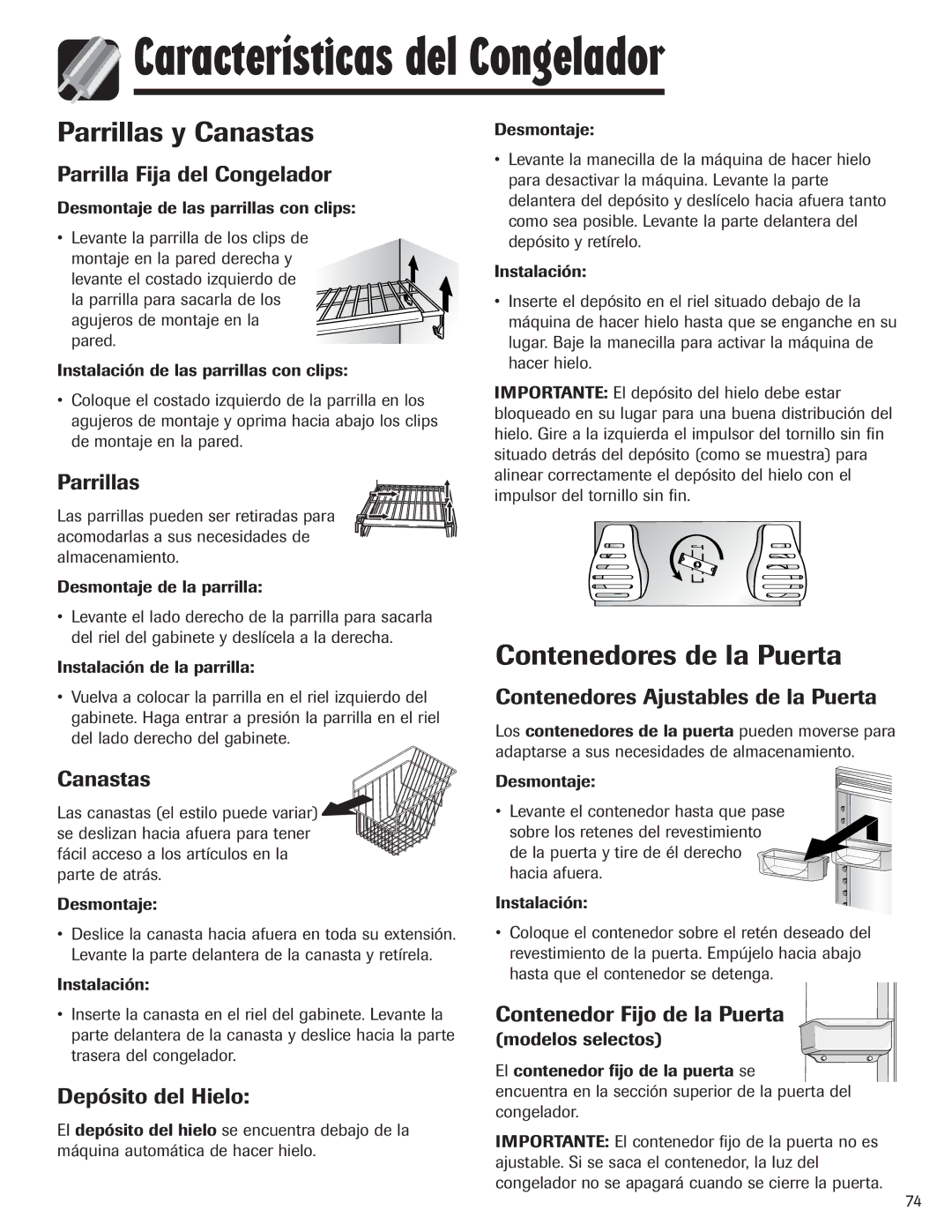 Maytag 12842130, MZD2665HEQ manual Características del Congelador, Parrillas y Canastas, Contenedores de la Puerta 