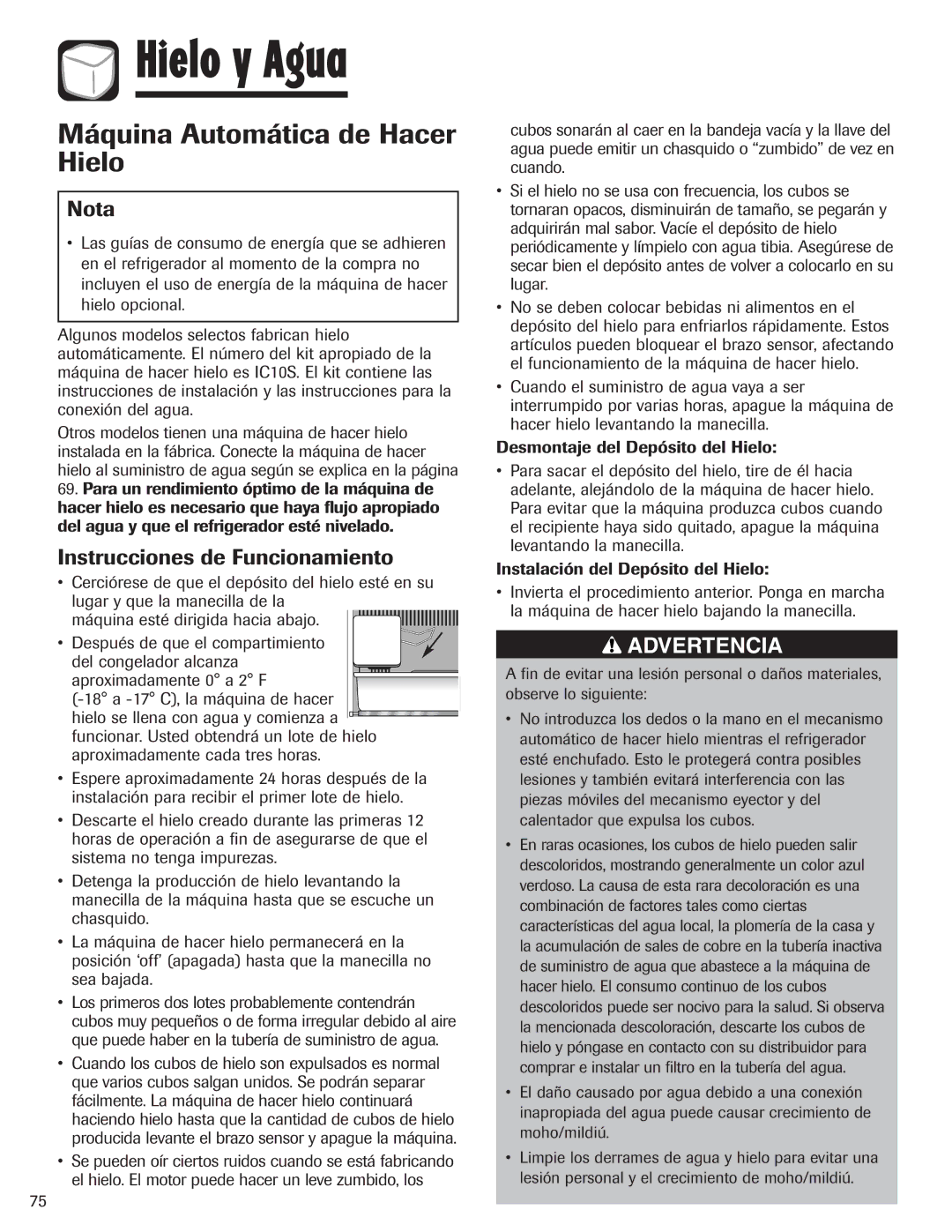 Maytag MZD2665HEQ, 12842130 manual Hielo y Agua, Máquina Automática de Hacer Hielo, Instrucciones de Funcionamiento 