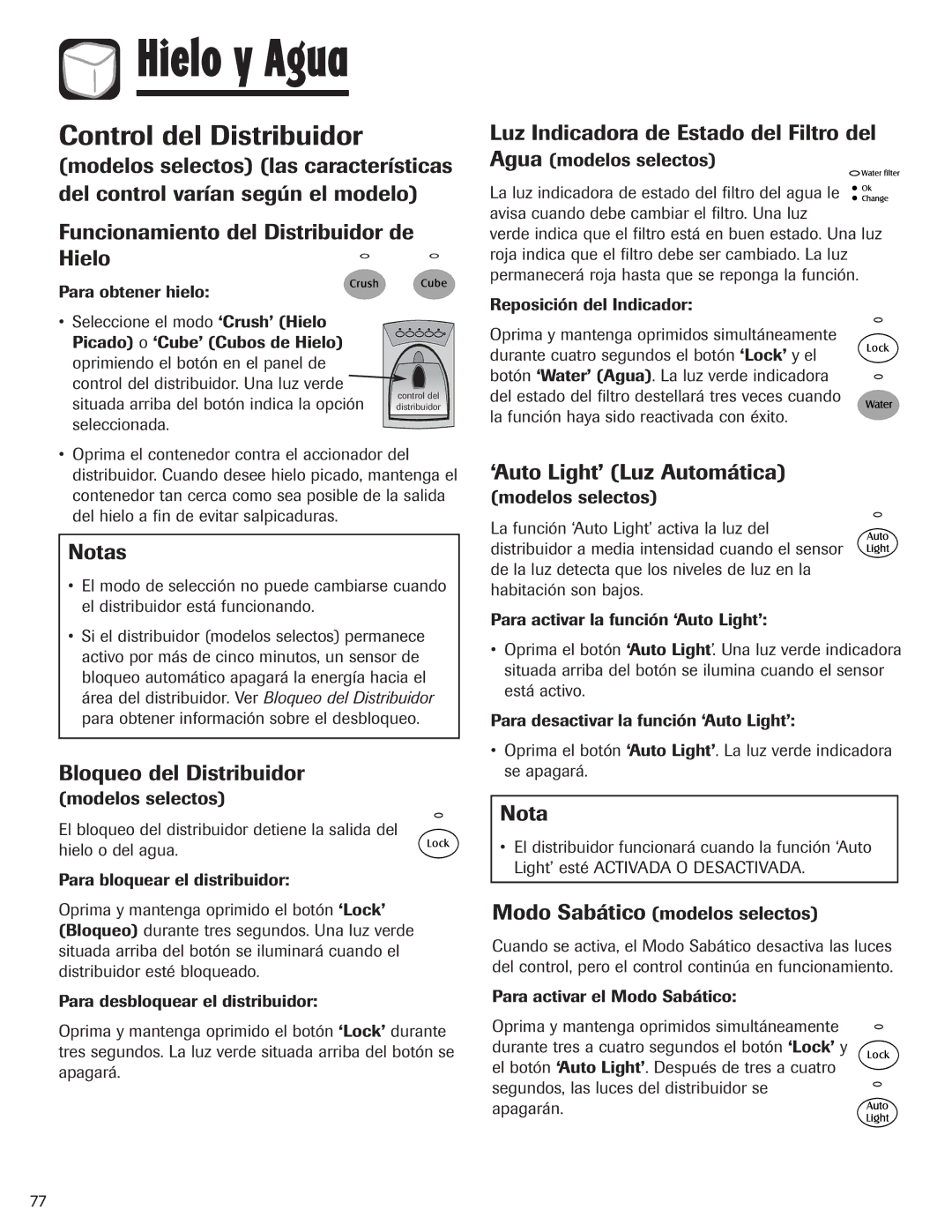 Maytag MZD2665HEQ Control del Distribuidor, Notas, Bloqueo del Distribuidor, Luz Indicadora de Estado del Filtro del Agua 