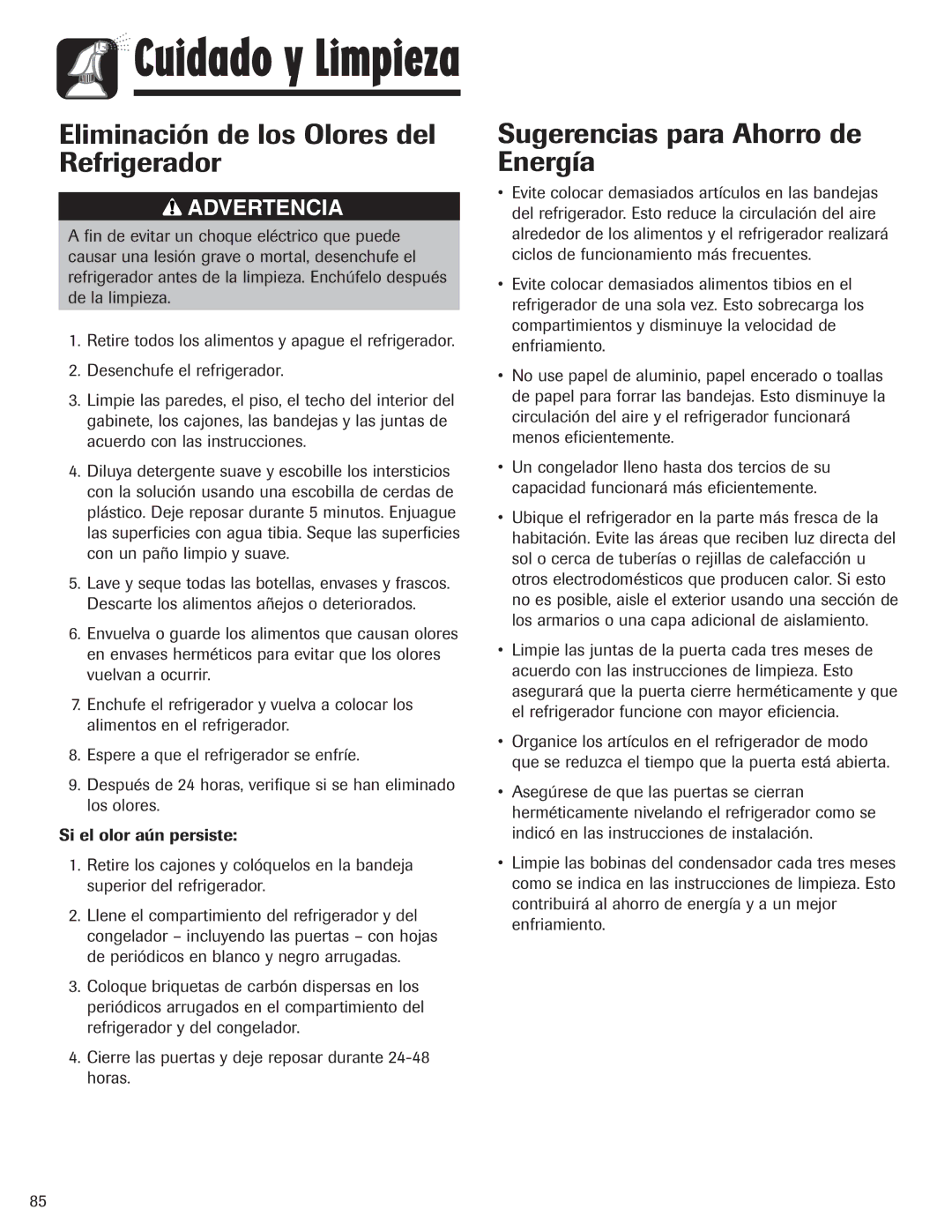 Maytag MZD2665HEQ, 12842130 manual Eliminación de los Olores del Refrigerador, Sugerencias para Ahorro de Energía 