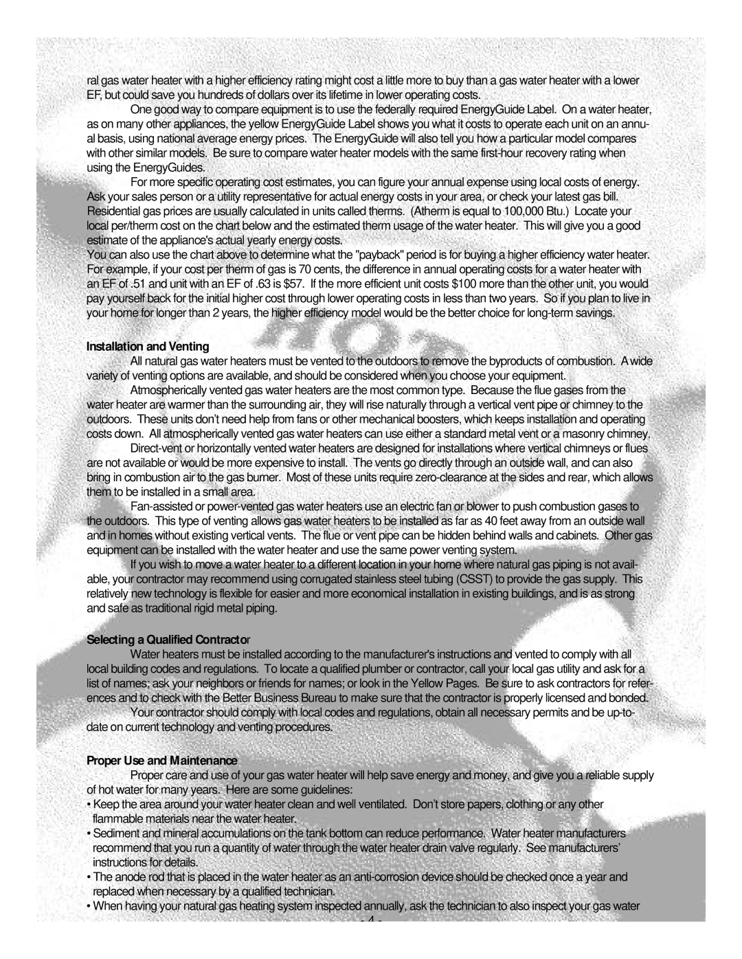 Maytag Natural Gas Water Heaters Installation and Venting, Selecting a Qualified Contractor, Proper Use and Maintenance 