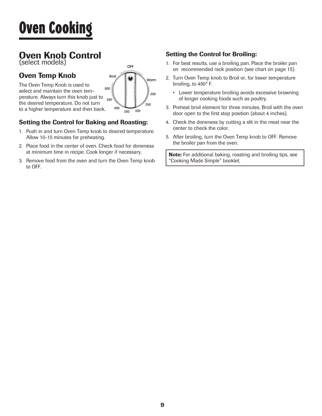 Maytag warranty Oven Knob Control, Select models Oven Temp Knob, Setting the Control for Baking and Roasting 