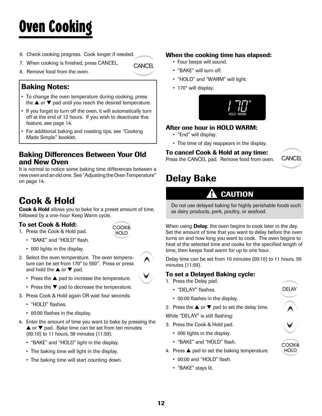 Maytag warranty Cook & Hold, Delay Bake, Baking Notes, Baking Differences Between Your Old and New Oven 