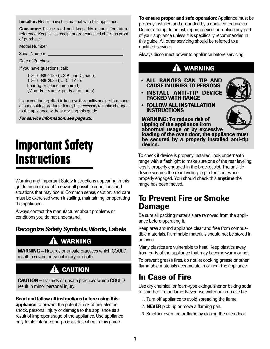 Maytag Oven warranty Important Safety Instructions, To Prevent Fire or Smoke Damage, Case of Fire 