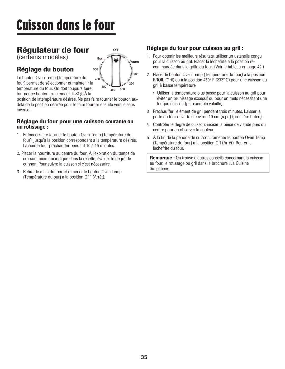 Maytag Oven warranty Régulateur de four, Certains modèles Réglage du bouton, Réglage du four pour cuisson au gril 