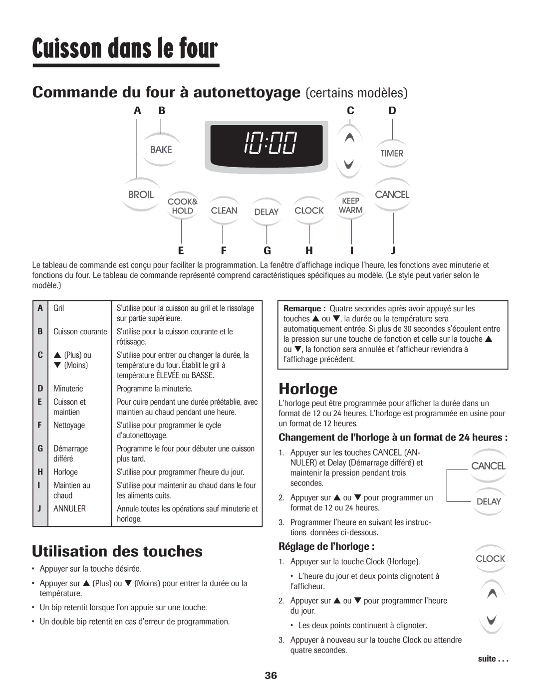 Maytag Oven warranty Commande du four à autonettoyage certains modèles, Horloge, Bc D G H I J, Réglage de l’horloge 