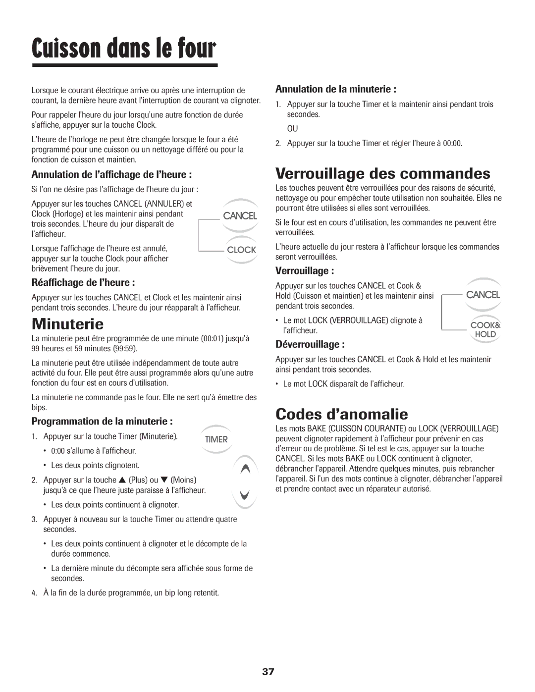 Maytag Oven warranty Minuterie, Verrouillage des commandes, Codes d’anomalie 