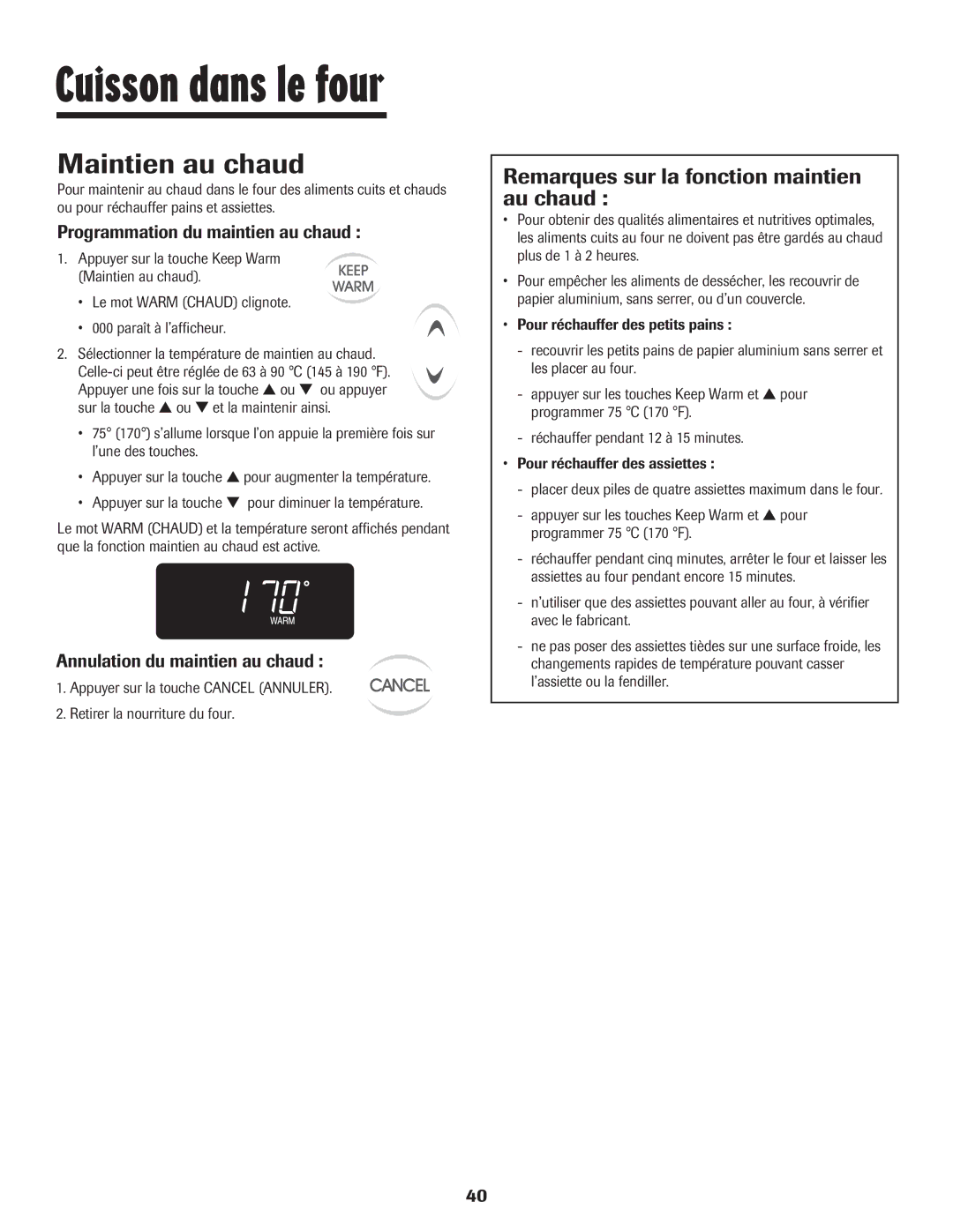 Maytag Oven warranty Maintien au chaud, Remarques sur la fonction maintien au chaud, Programmation du maintien au chaud 