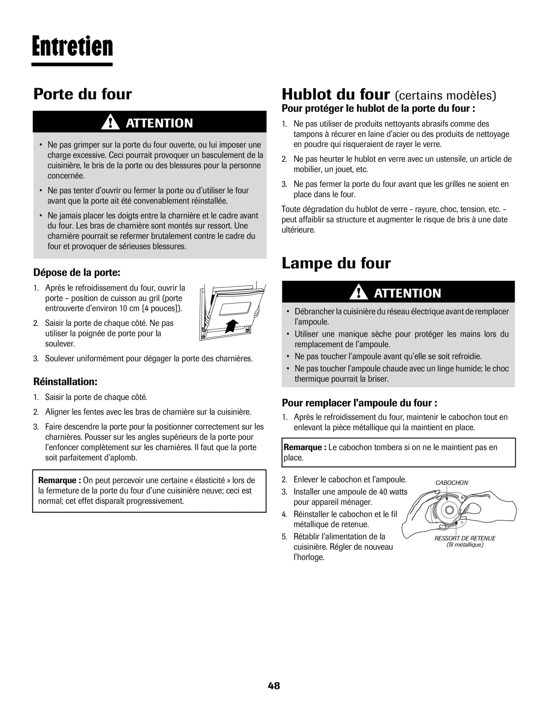 Maytag Oven warranty Entretien, Porte du four, Lampe du four, Hublot du four certains modèles 