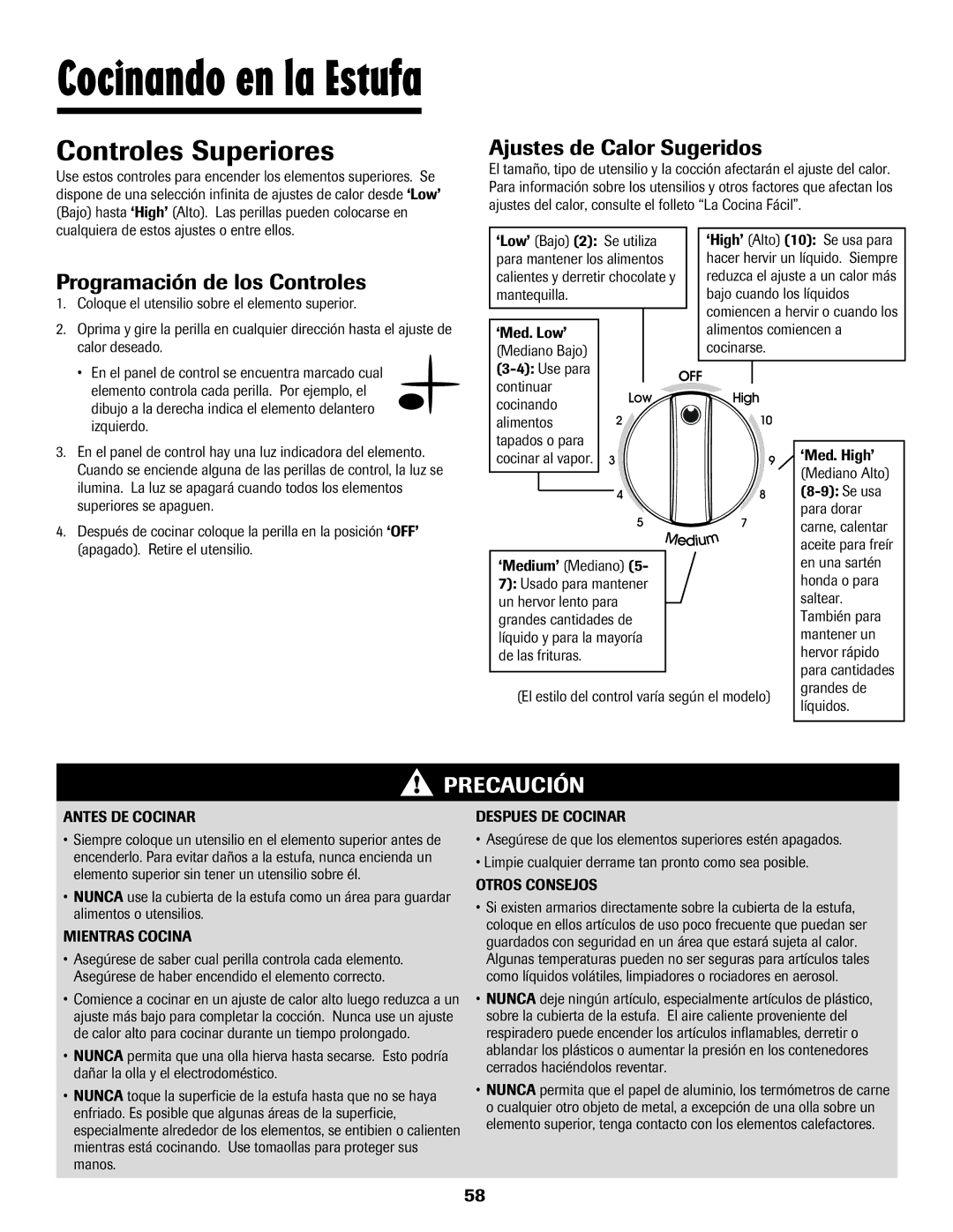 Maytag Oven warranty Controles Superiores, Programación de los Controles, Ajustes de Calor Sugeridos 