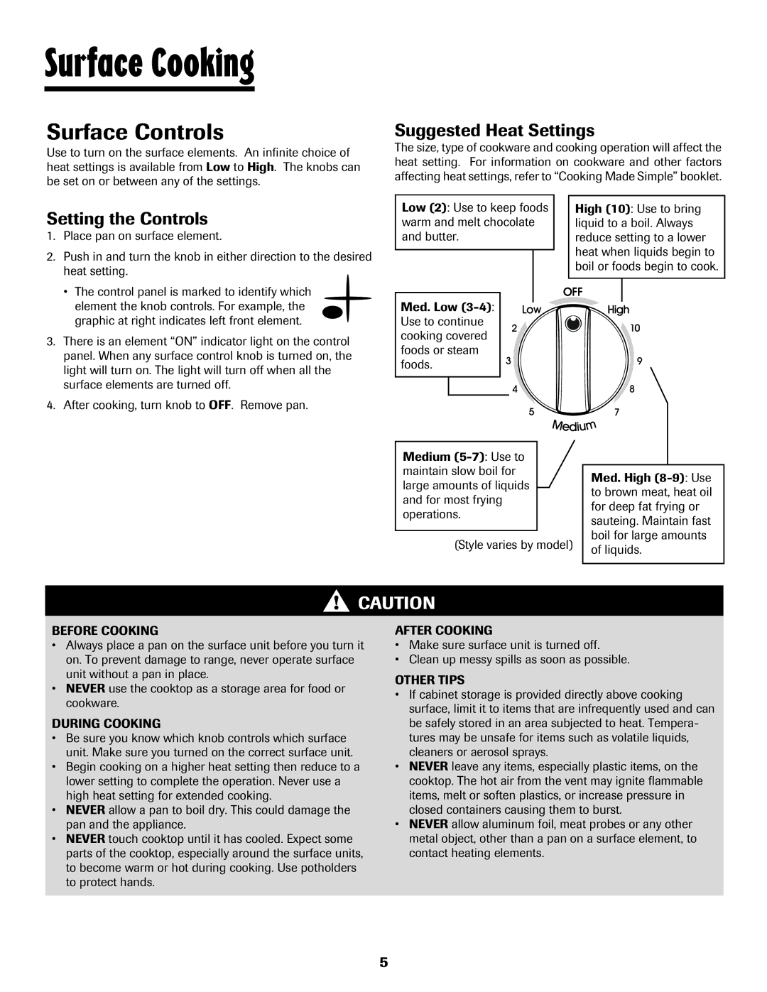 Maytag Oven warranty Surface Cooking, Surface Controls, Suggested Heat Settings, Setting the Controls 