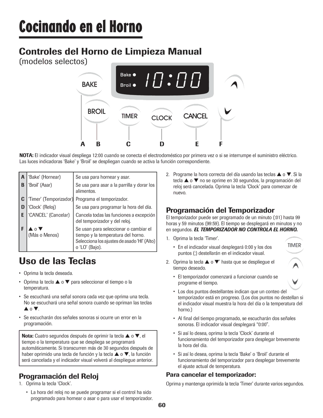 Maytag Oven Cocinando en el Horno, Controles del Horno de Limpieza Manual, Uso de las Teclas, Programación del Reloj 