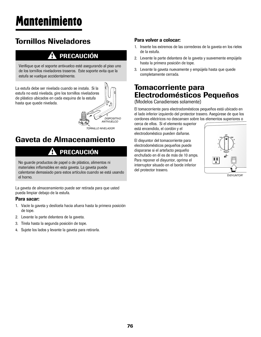 Maytag Oven warranty Tornillos Niveladores, Gaveta de Almacenamiento, Tomacorriente para Electrodomésticos Pequeños 