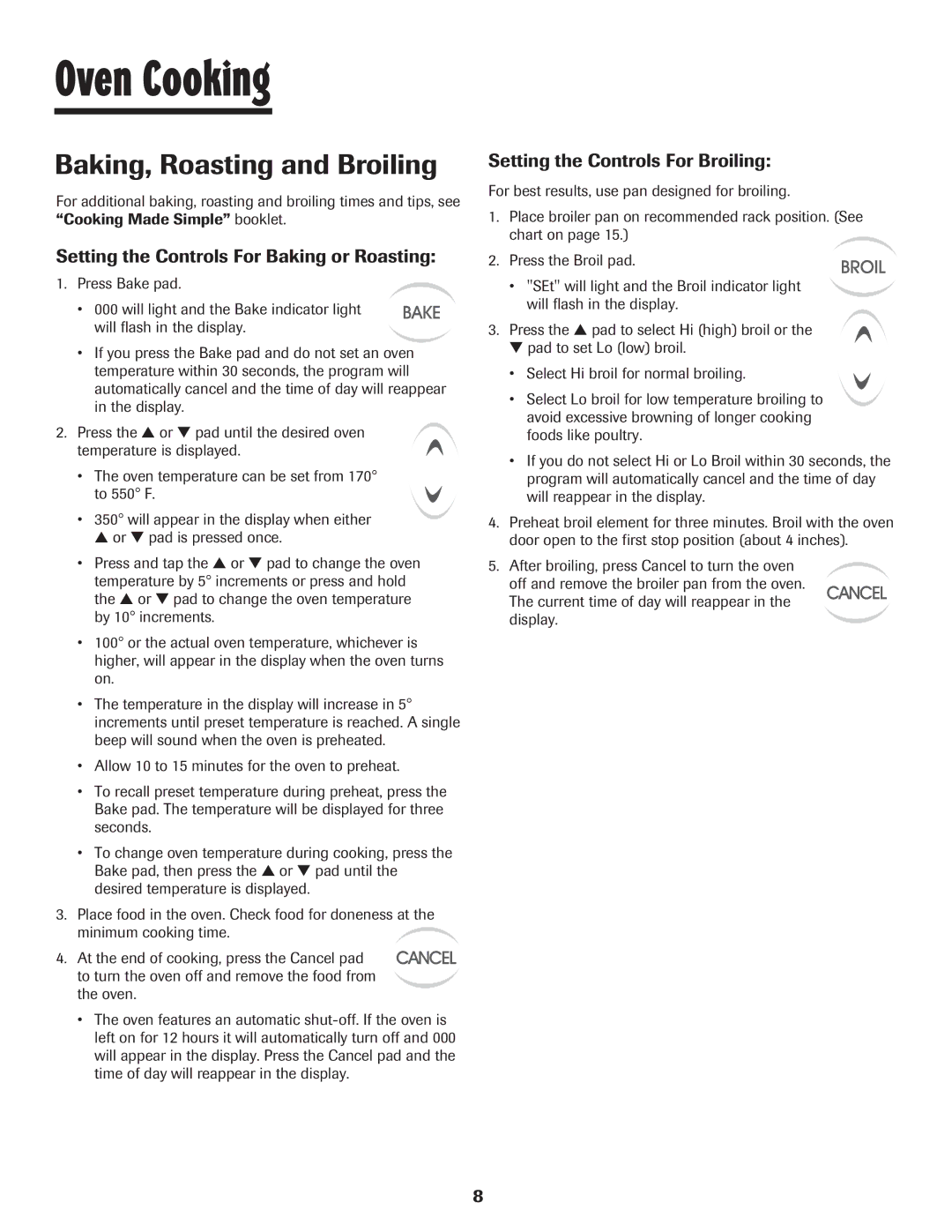 Maytag Oven Baking, Roasting and Broiling, Setting the Controls For Baking or Roasting, Setting the Controls For Broiling 