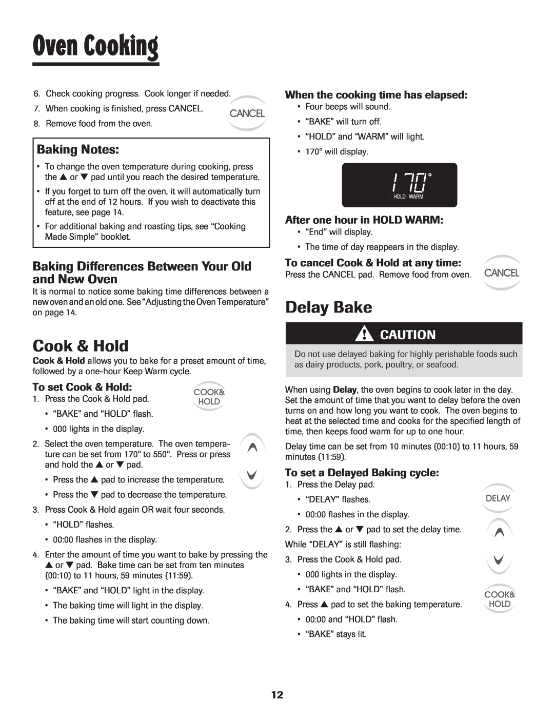 Maytag Delay Bake, Baking Notes, Baking Differences Between Your Old and New Oven, To set Cook & Hold, Oven Cooking 