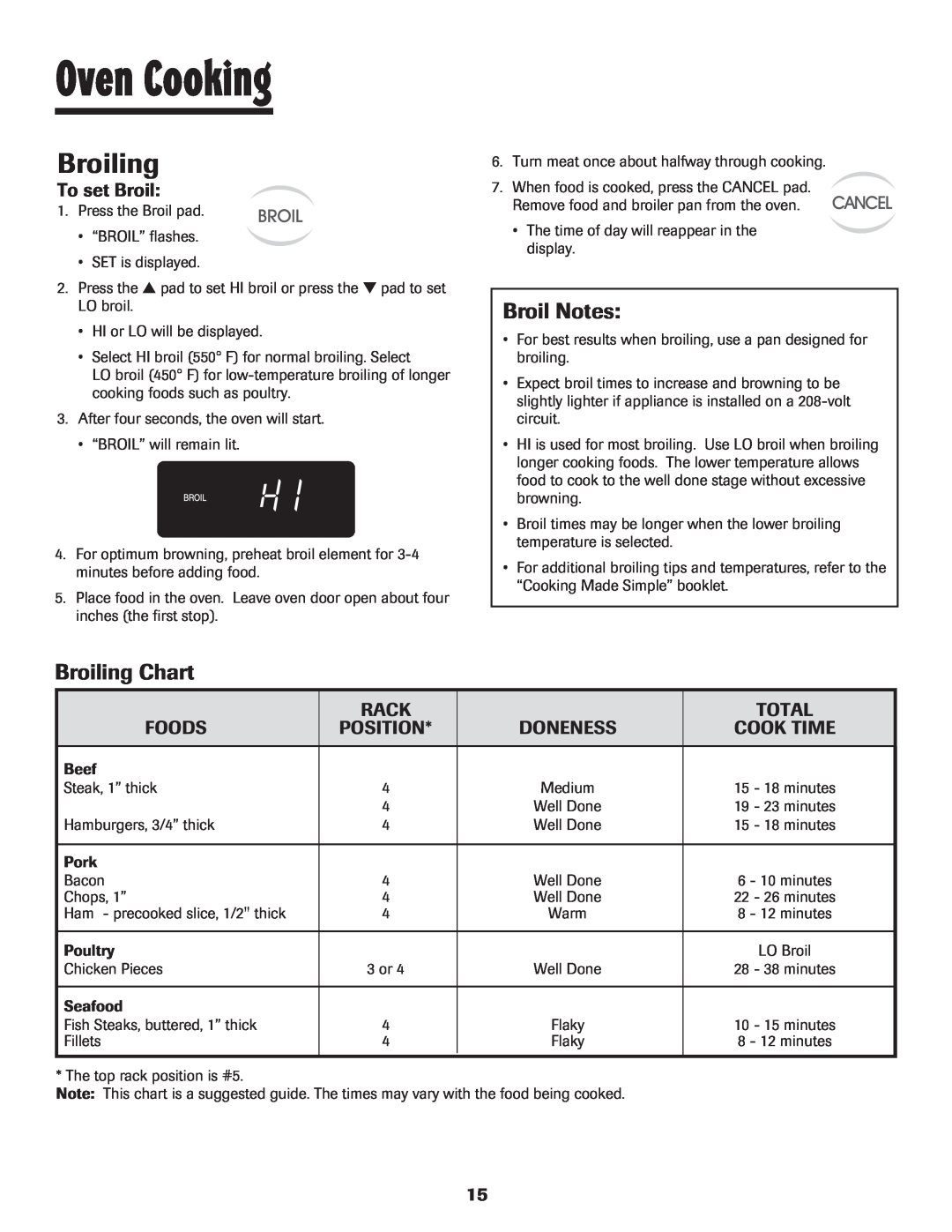 Maytag warranty Broil Notes, Broiling Chart, To set Broil, Rack, Total, Foods, Position, Cook Time, Oven Cooking 