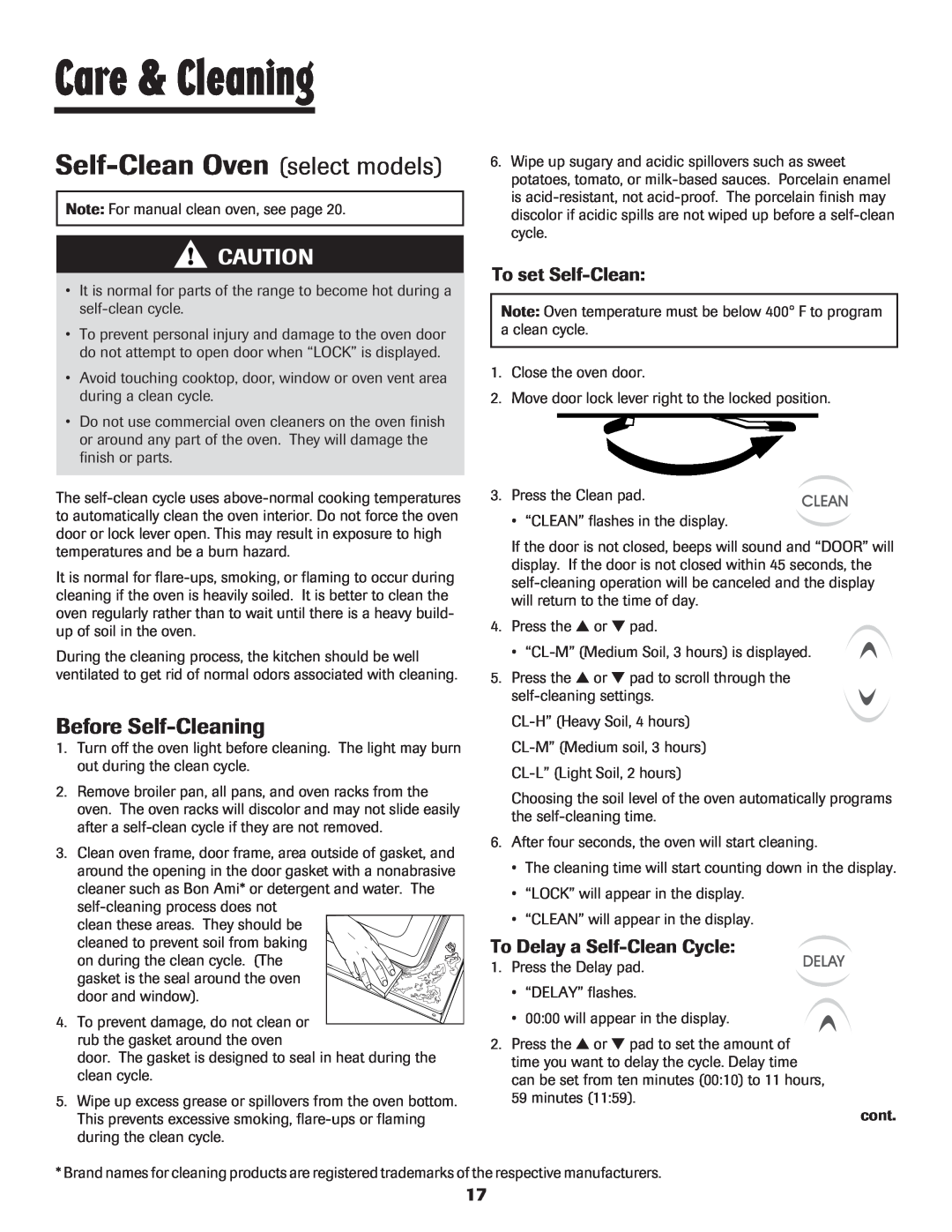 Maytag Oven warranty Care & Cleaning, Before Self-Cleaning, To set Self-Clean, To Delay a Self-CleanCycle 