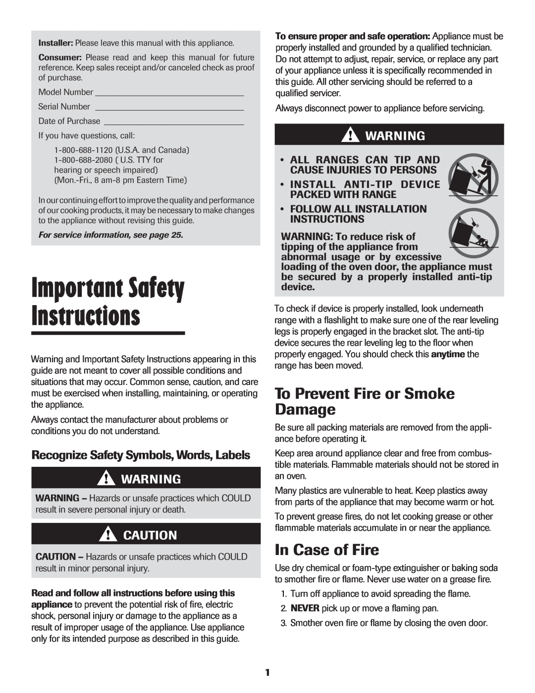 Maytag Oven warranty Important Safety Instructions, To Prevent Fire or Smoke Damage, In Case of Fire 