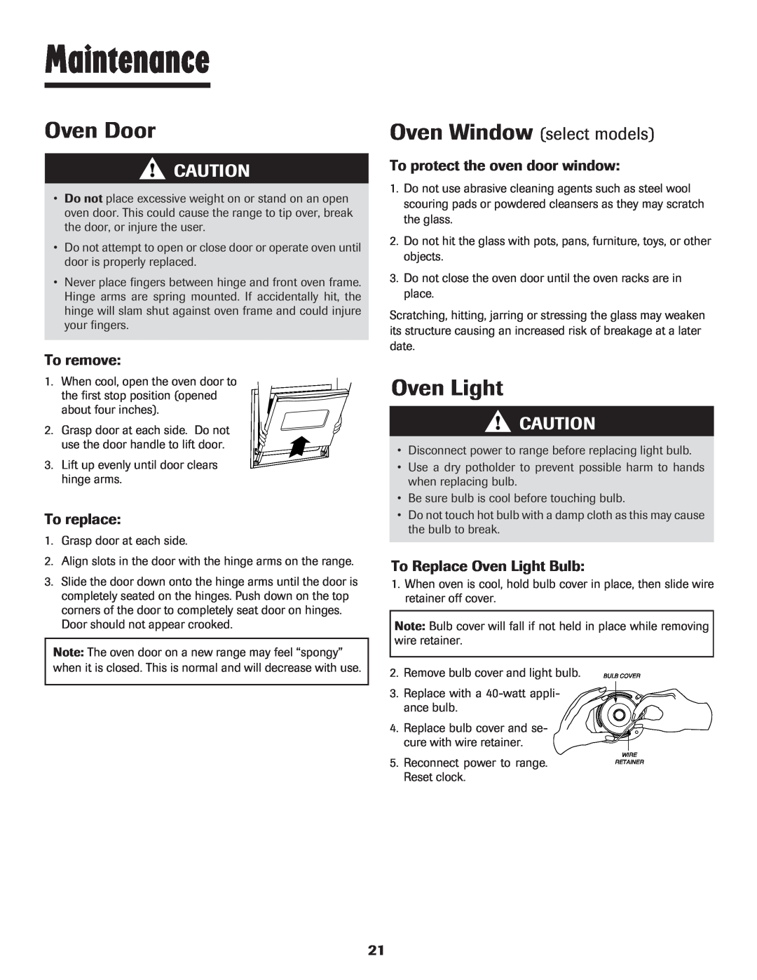 Maytag Maintenance, Oven Door, Oven Window select models, To protect the oven door window, To Replace Oven Light Bulb 