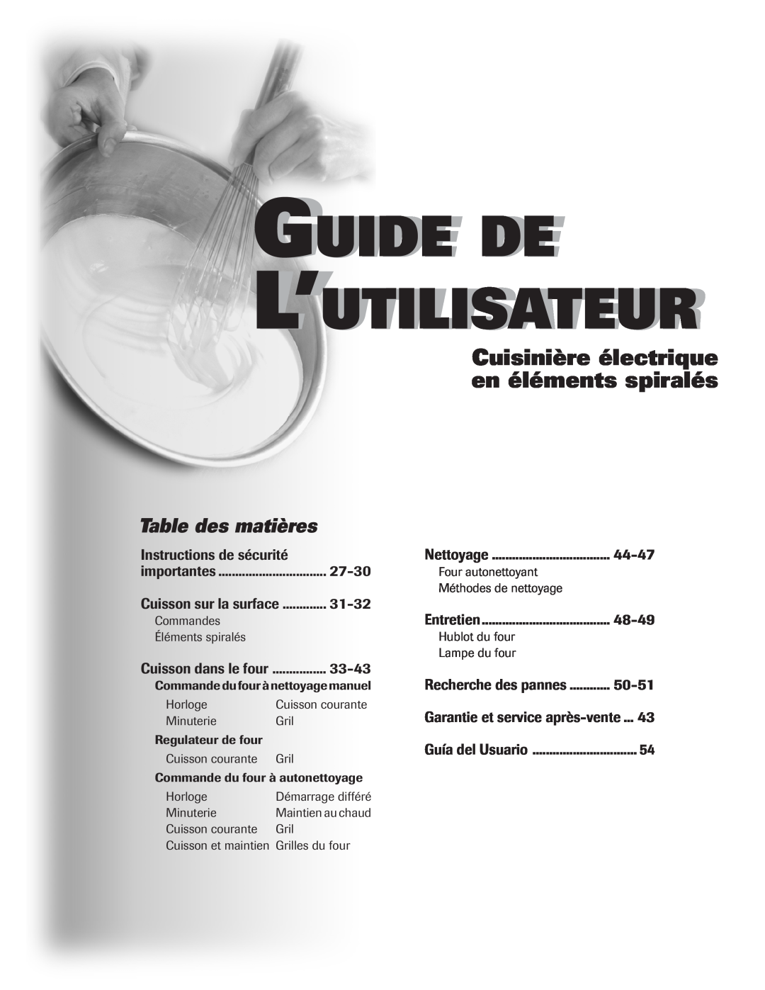 Maytag Oven Guide De L’Utilisateur, Cuisinière électrique en éléments spiralés, Table des matières, 27-30, 31-32, 33-43 