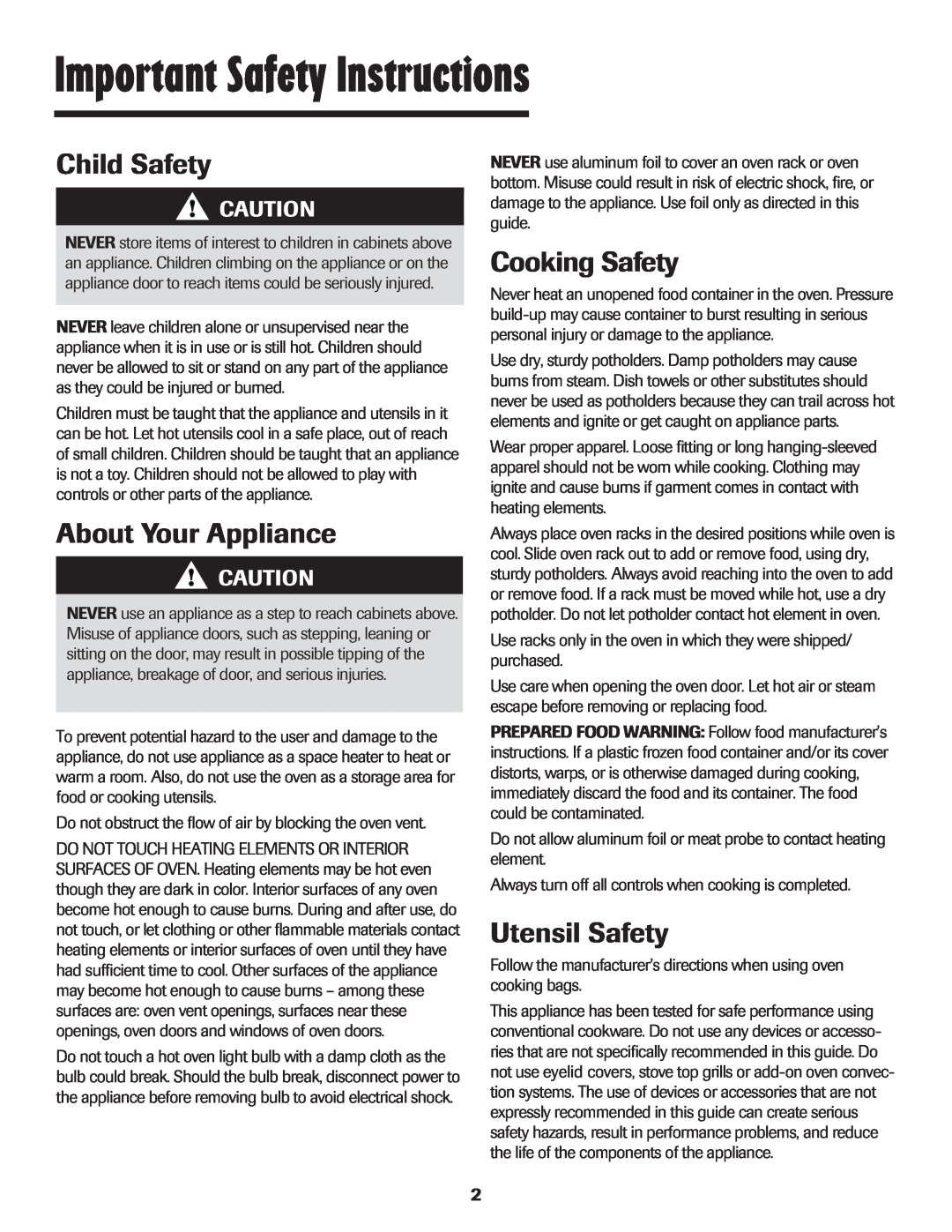 Maytag Oven warranty Child Safety, About Your Appliance, Cooking Safety, Utensil Safety, Important Safety Instructions 