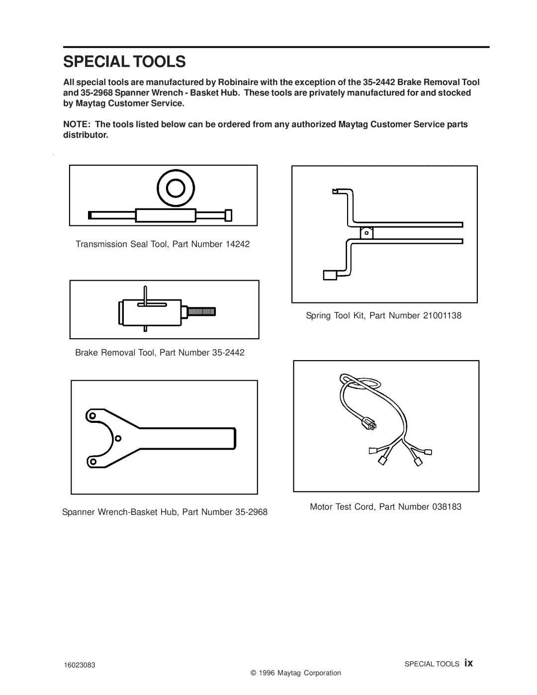 Maytag PAV1000AW*, PAV2000AW* manual Special Tools 