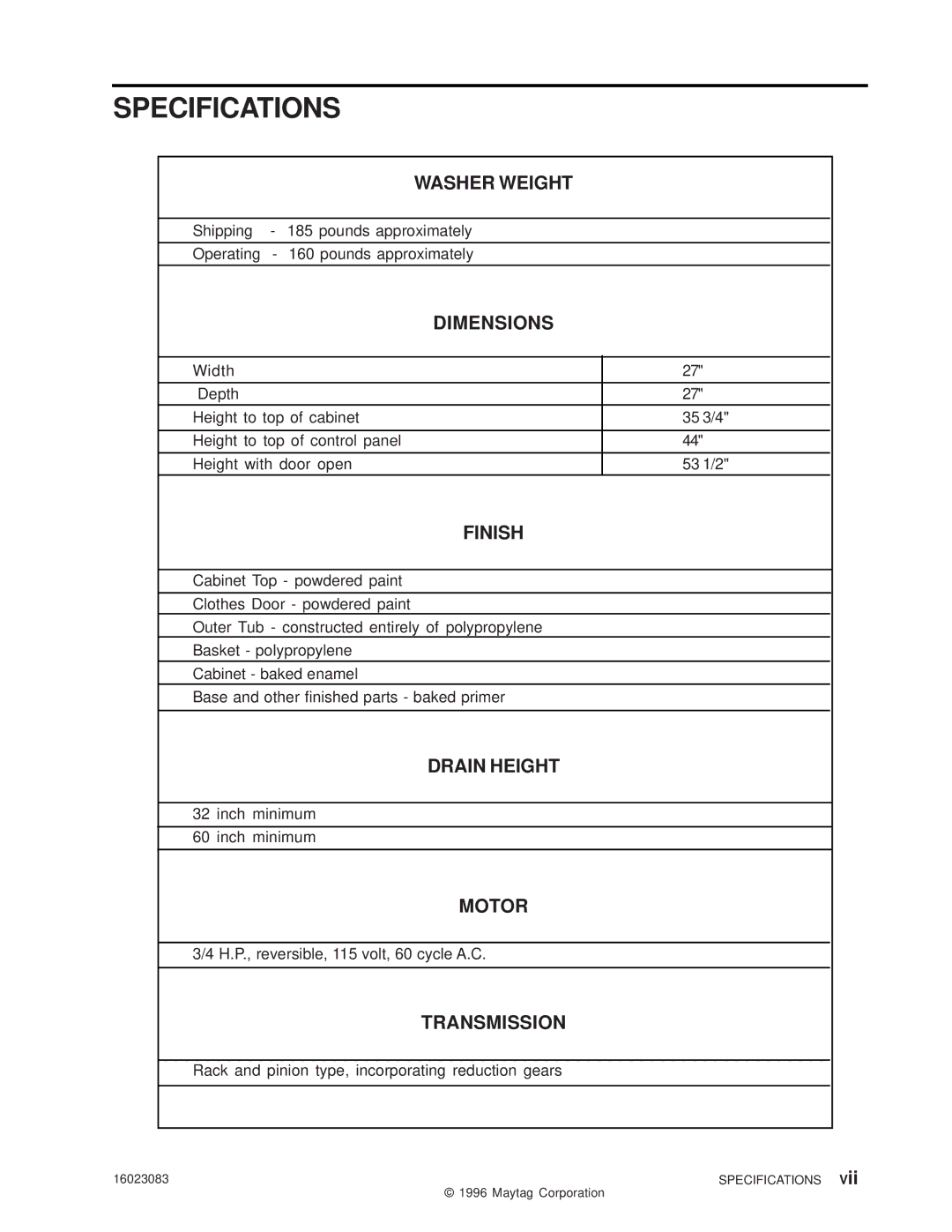 Maytag PAV1000AW*, PAV2000AW* manual Specifications 