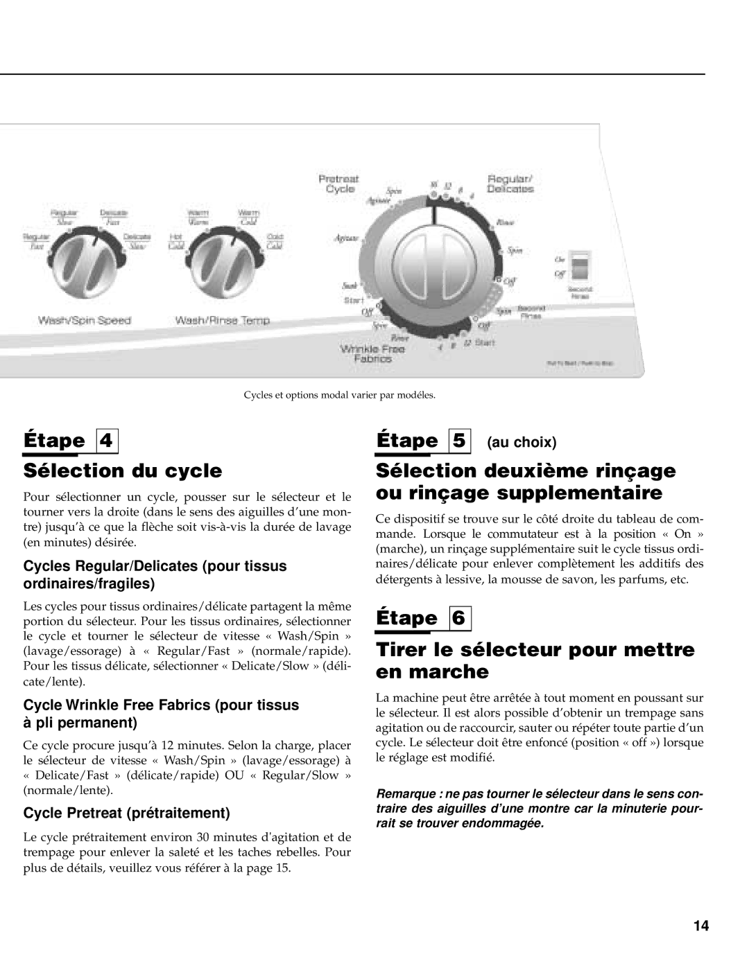 Maytag PAV3300, PAV3360, PAV3240 warranty Étape Sélection du cycle, Sélection deuxième rinçage ou rinçage supplementaire 