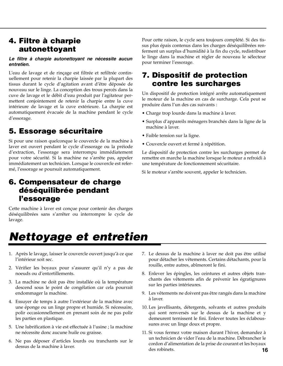 Maytag PAV3240, PAV3300, PAV3360 warranty Nettoyage et entretien, Filtre à charpie autonettoyant, Essorage sécuritaire 