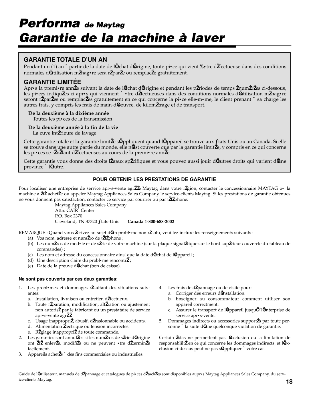 Maytag PAV3360, PAV3300, PAV3240 Performa de Maytag Garantie de la machine à laver, De la deuxième à la dixième année 