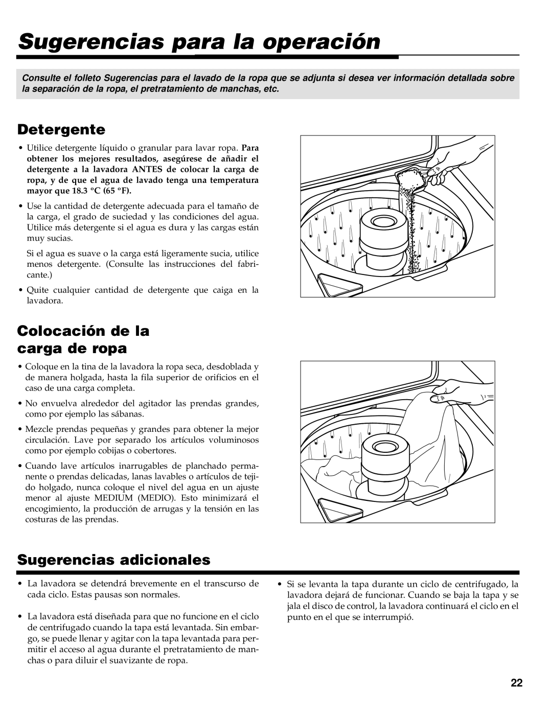 Maytag PAV3240, PAV3300 Sugerencias para la operación, Detergente, Colocación de la carga de ropa, Sugerencias adicionales 