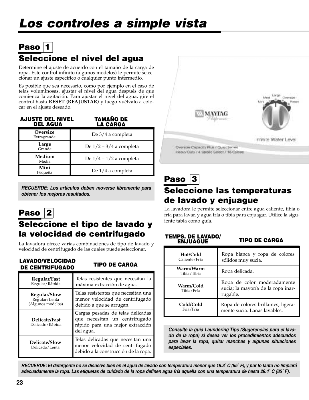 Maytag PAV3300, PAV3360, PAV3240 warranty Los controles a simple vista, Paso Seleccione el nivel del agua 