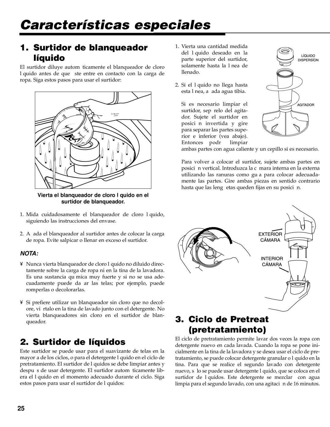 Maytag PAV3240, PAV3300, PAV3360 warranty Características especiales, Surtidor de blanqueador líquido, Surtidor de líquidos 