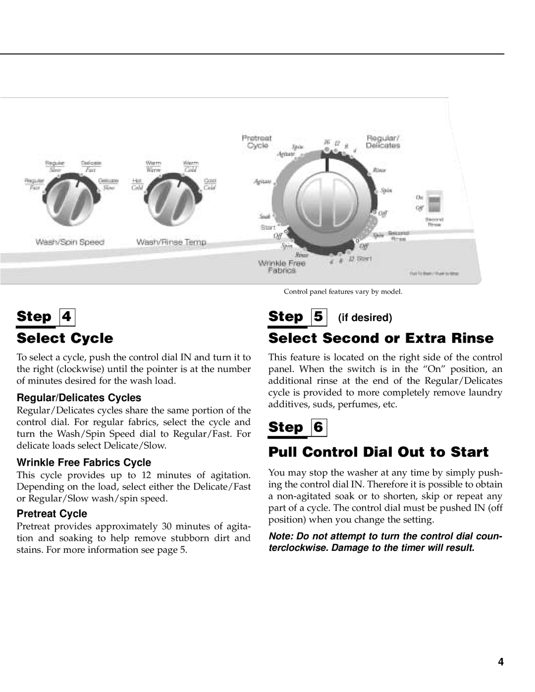 Maytag PAV3240, PAV3300, PAV3360 Step Select Cycle, Select Second or Extra Rinse, Step Pull Control Dial Out to Start 