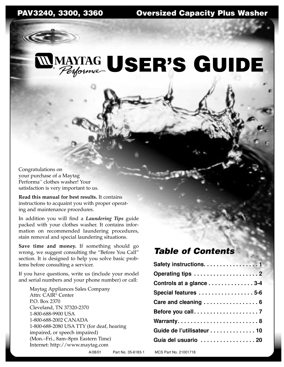 Maytag PAV3360, PAV3300, PAV3240 warranty Table of Contents, User’S Guide 