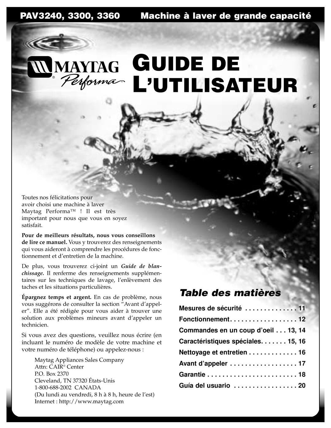 Maytag PAV3240, PAV3300, PAV3360 warranty Table des matières, Guide De L’Utilisateur 