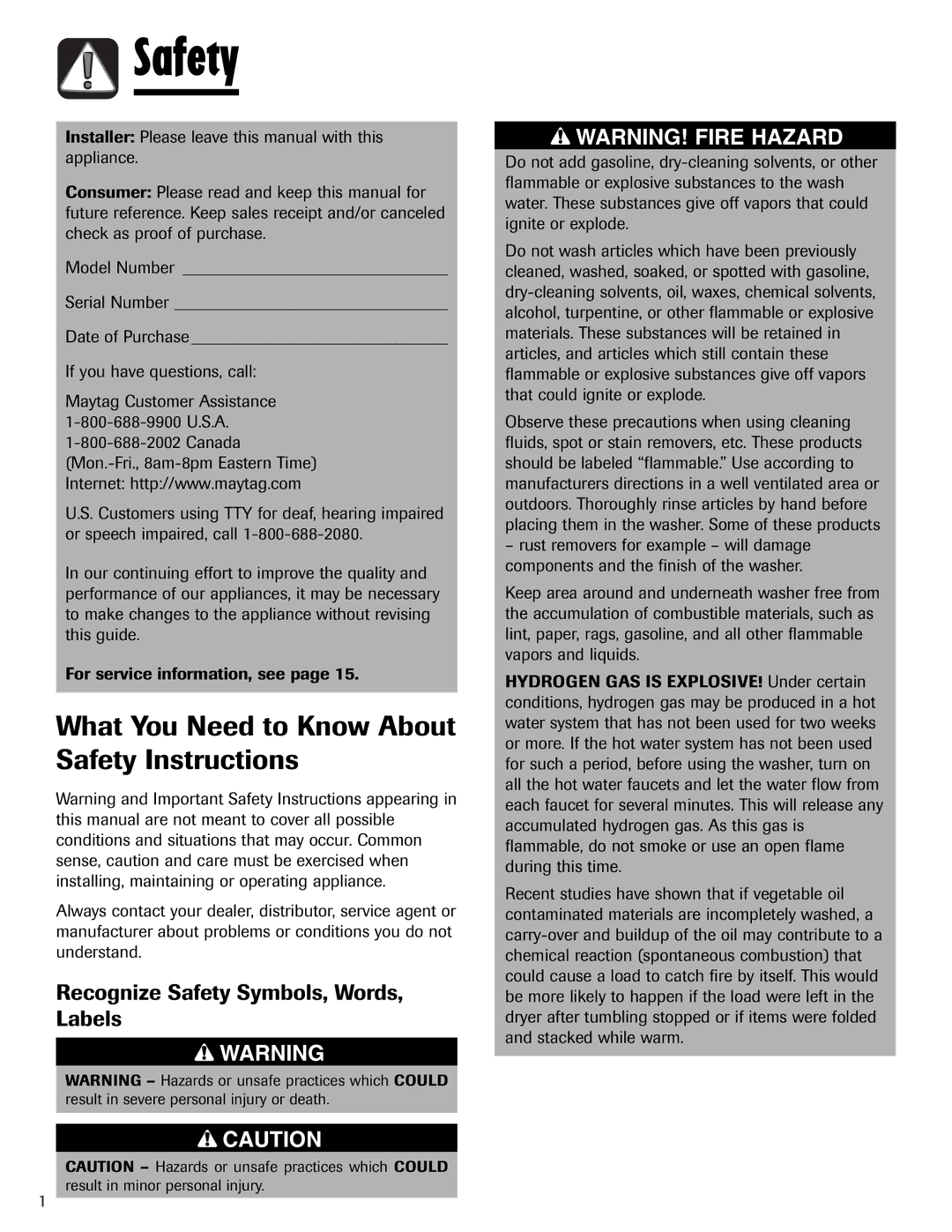 Maytag PAVT-1 warranty What You Need to Know About Safety Instructions, Recognize Safety Symbols, Words, Labels 