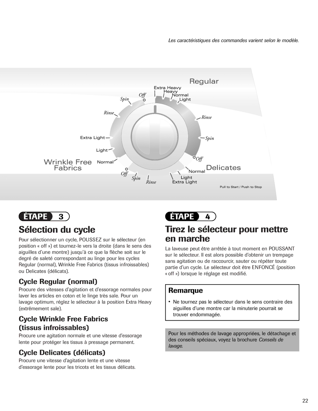 Maytag PAVT-1 Sélection du cycle, Tirez le sélecteur pour mettre en marche, Cycle Regular normal, Cycle Delicates délicats 