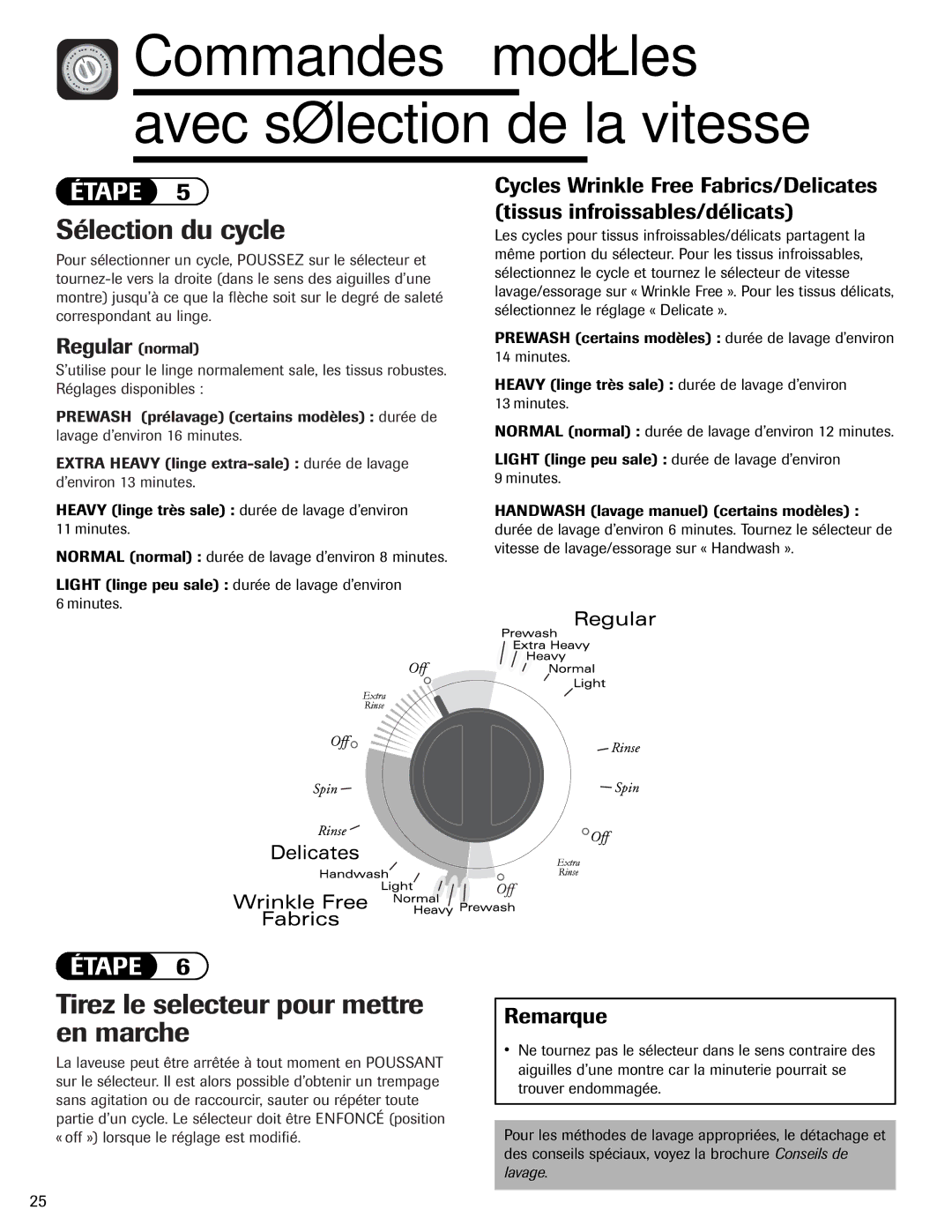 Maytag PAVT-1 warranty Tirez le selecteur pour mettre en marche, Regular normal 