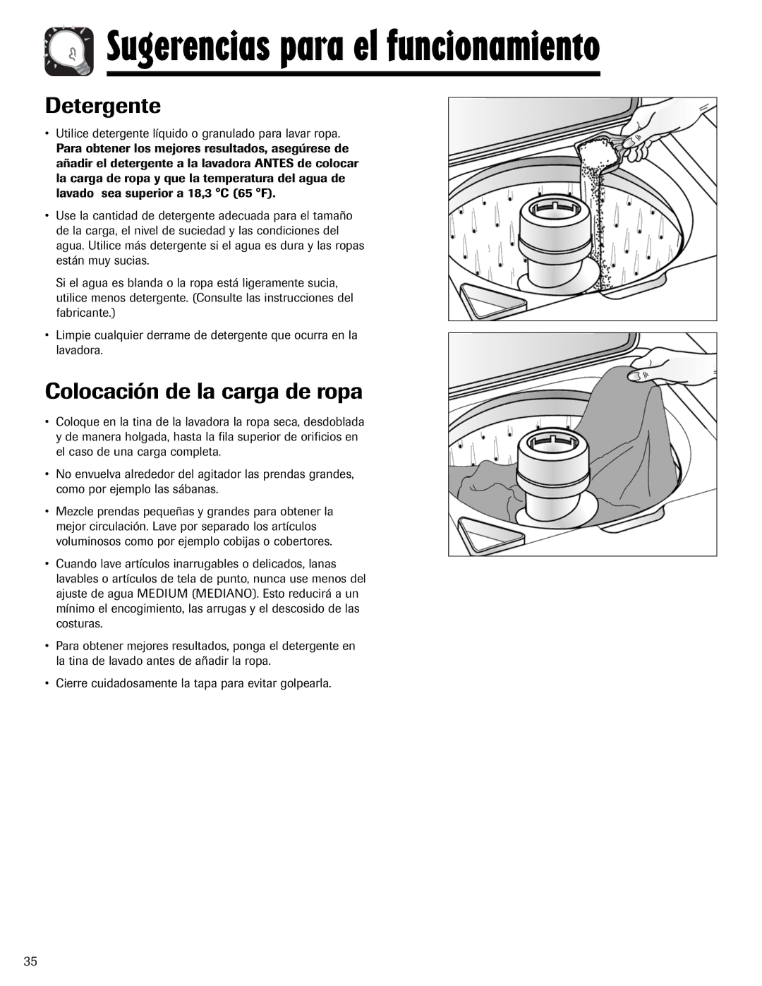 Maytag PAVT-1 warranty Detergente, Colocación de la carga de ropa 