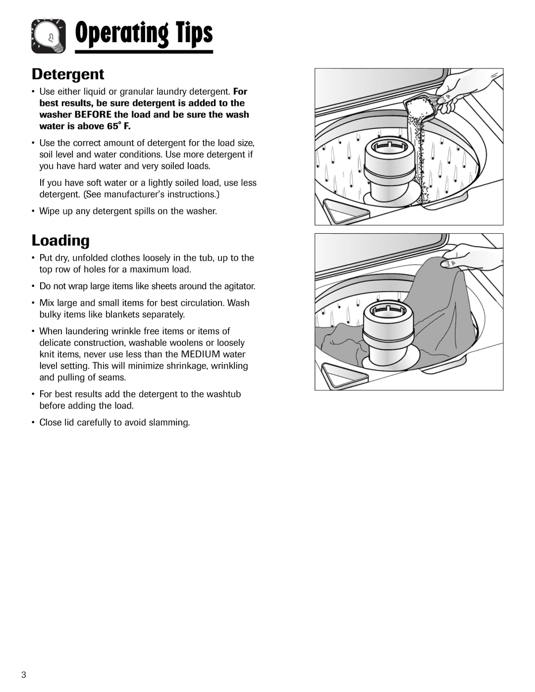 Maytag PAVT-1 warranty Operating Tips, Detergent, Loading 