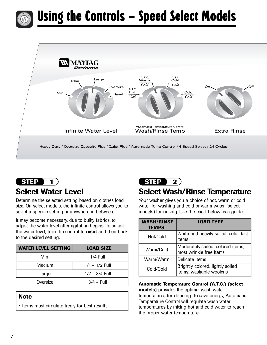 Maytag PAVT-1 warranty Using the Controls Speed Select Models 