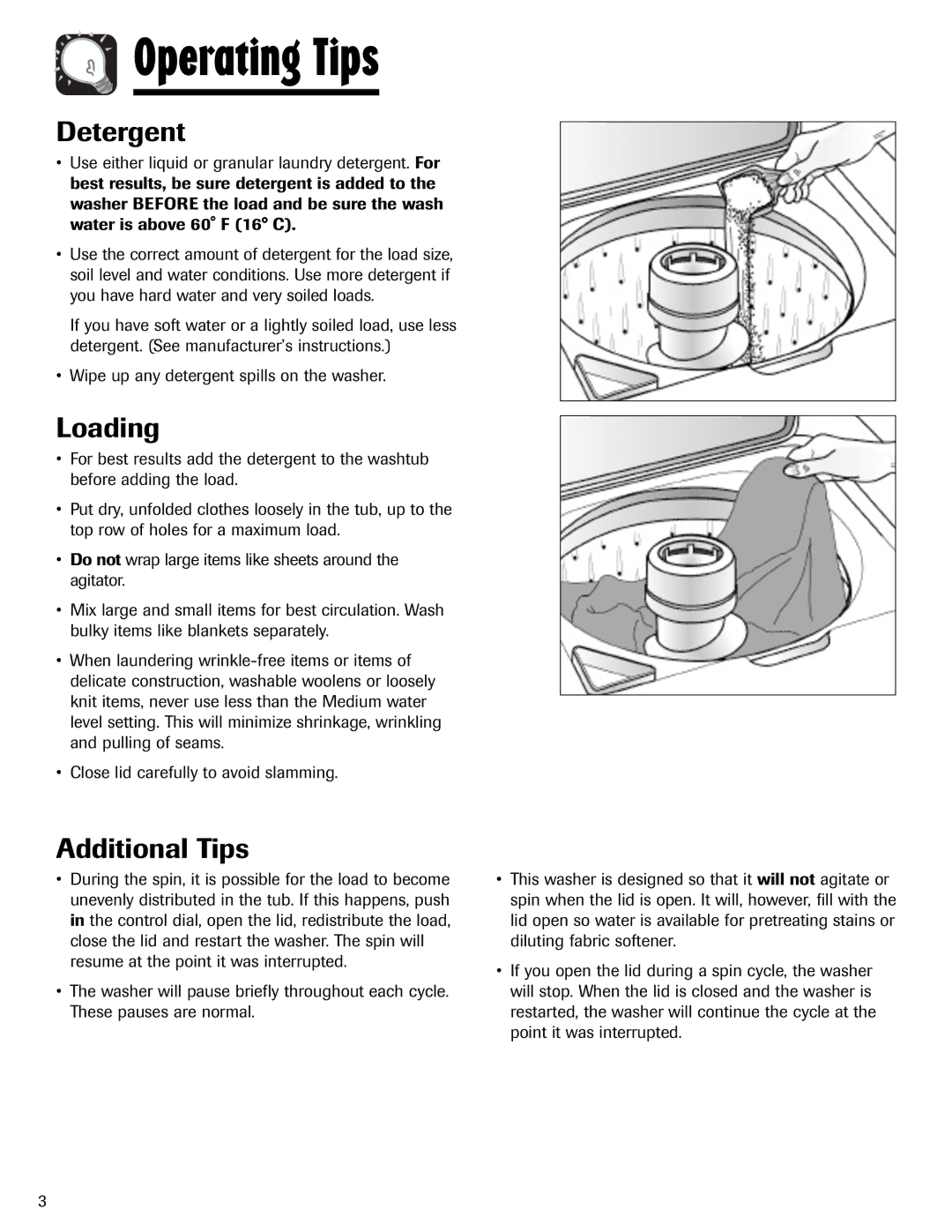 Maytag PAVT-5 important safety instructions Operating Tips, Detergent, Loading, Additional Tips 