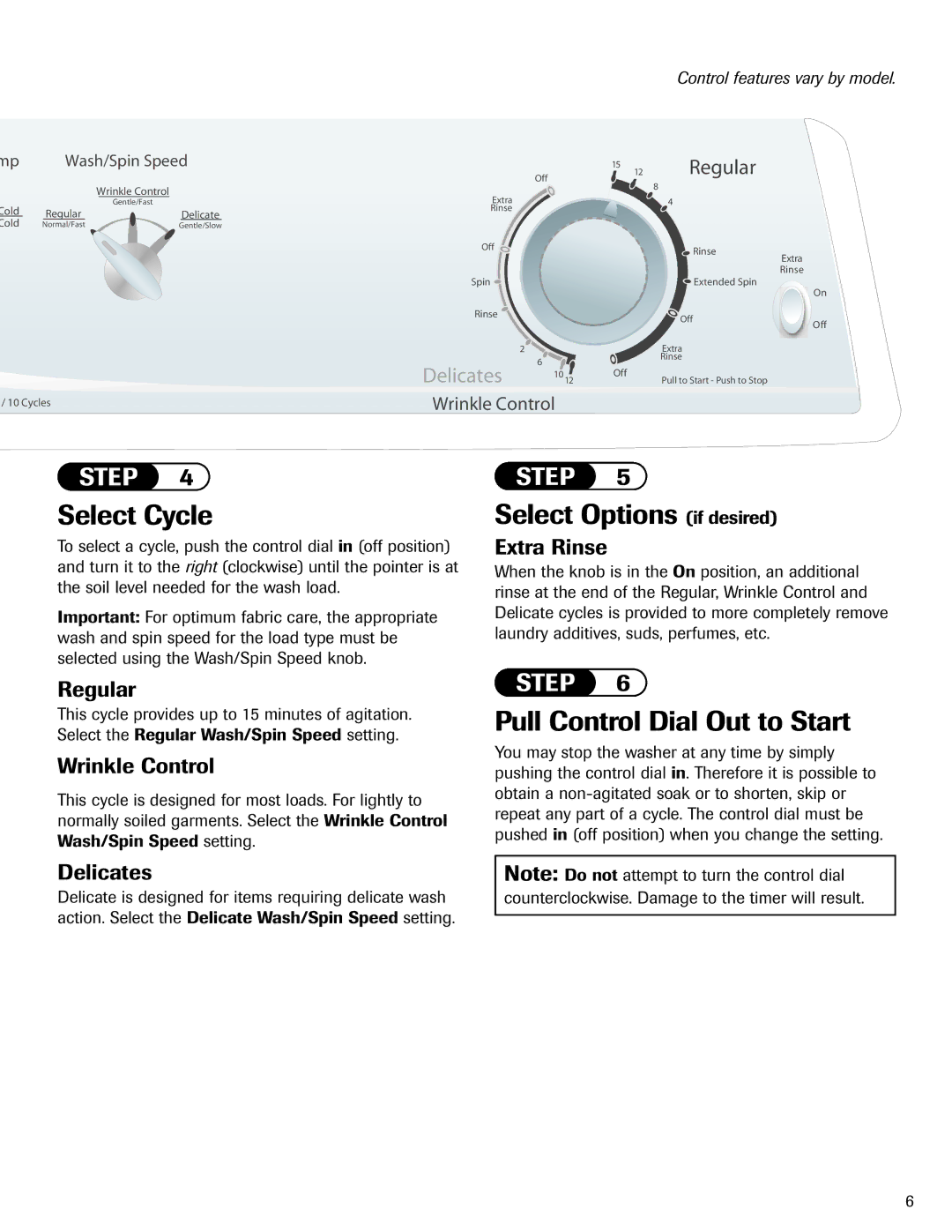 Maytag PAVT-5 important safety instructions Select Cycle, Select Options if desired, Pull Control Dial Out to Start 