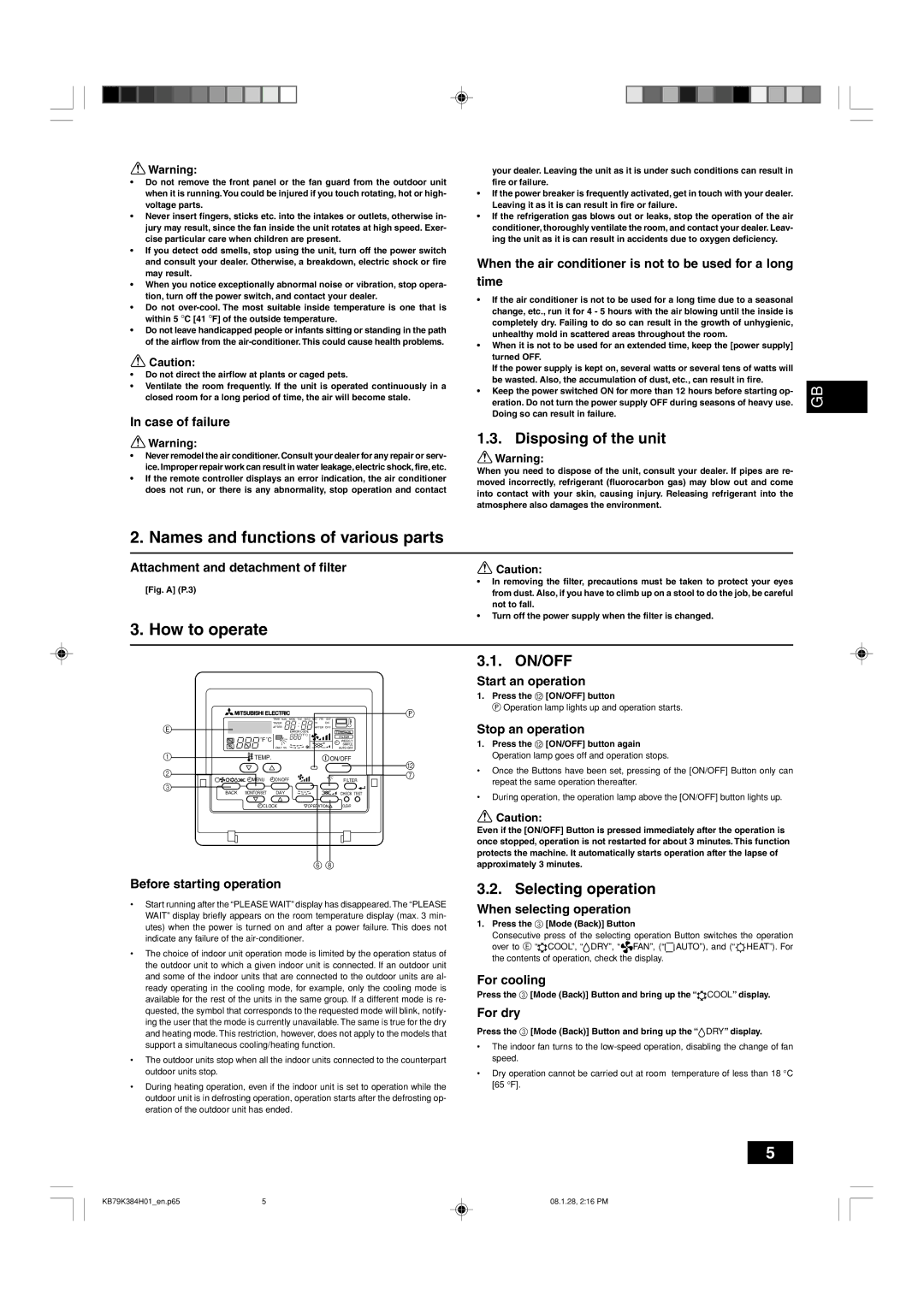 Maytag P08, P15 Names and functions of various parts, How to operate, Disposing of the unit, On/Off, Selecting operation 