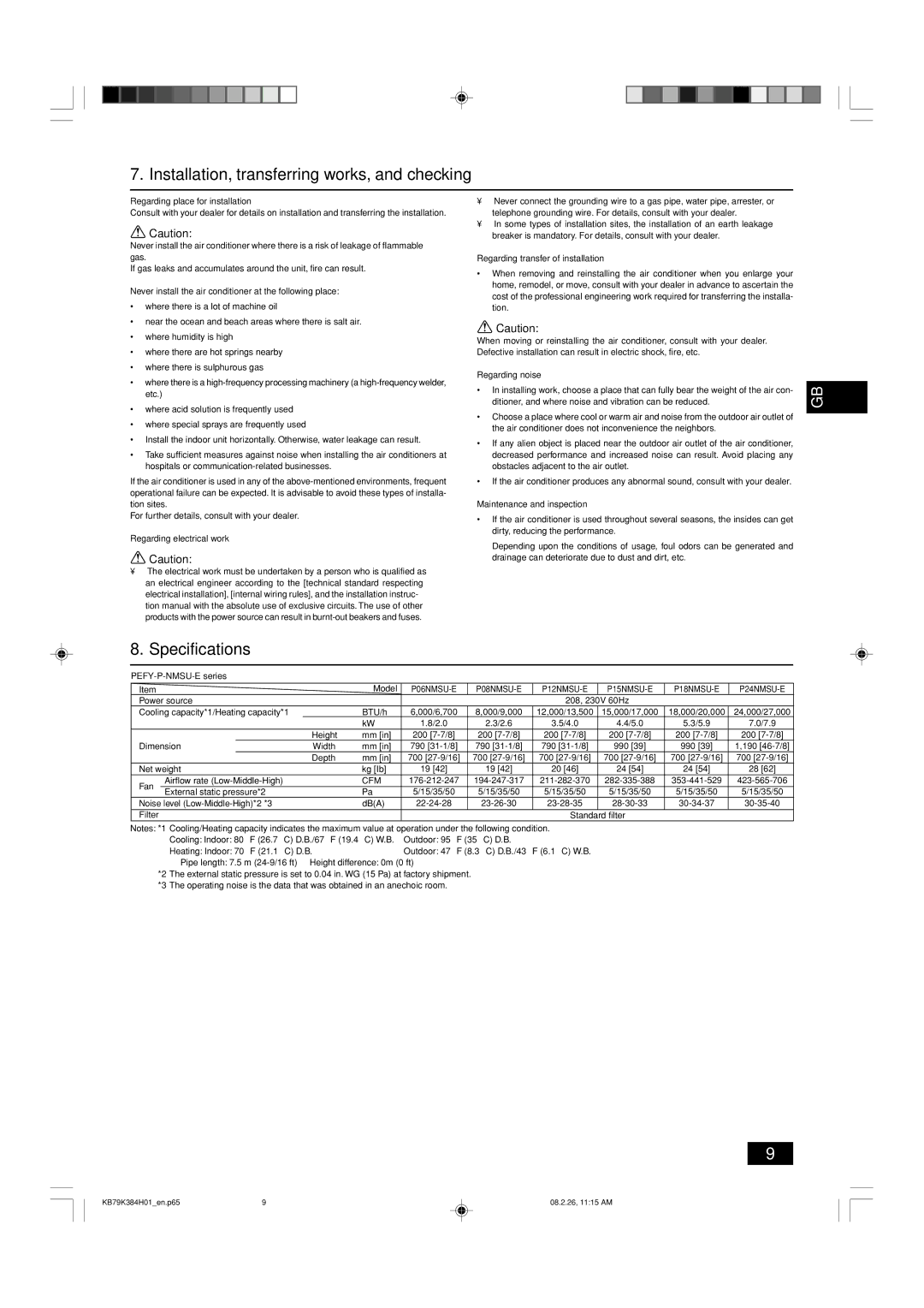 Maytag P18, PEFY-P06, P15 Installation, transferring works, and checking, Specifications, Regarding place for installation 