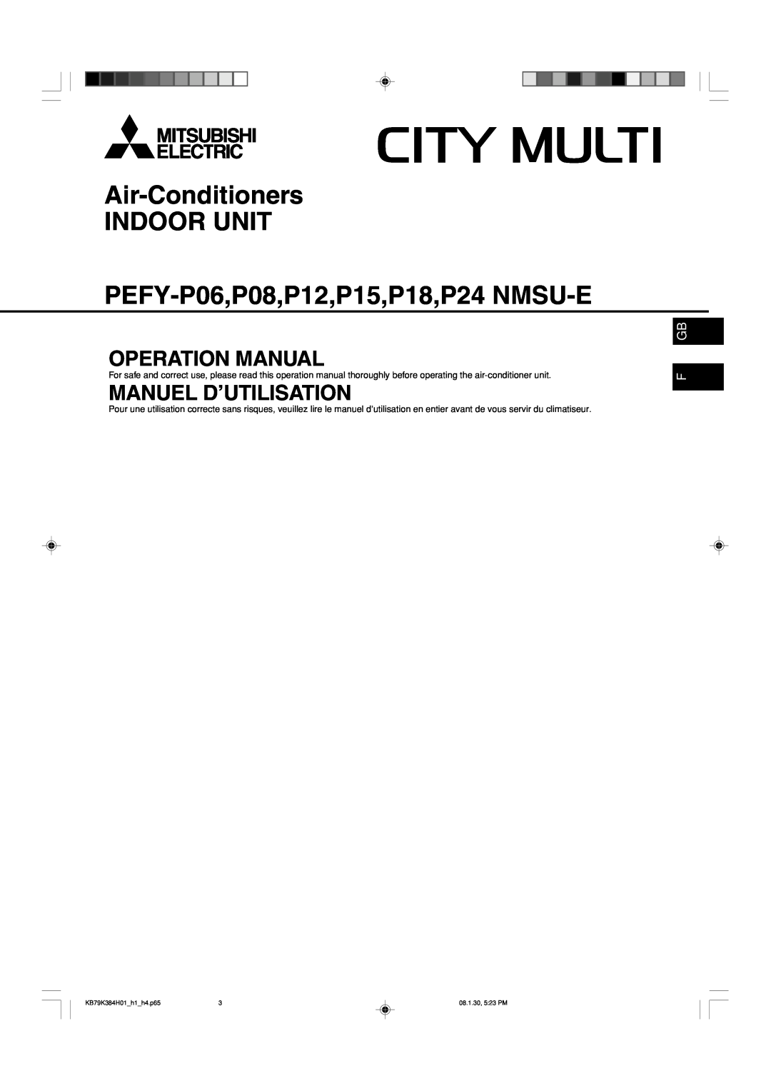 Maytag operation manual F Gb, Air-Conditioners INDOOR UNIT, PEFY-P06,P08,P12,P15,P18,P24 NMSU-E, Manuel D’Utilisation 