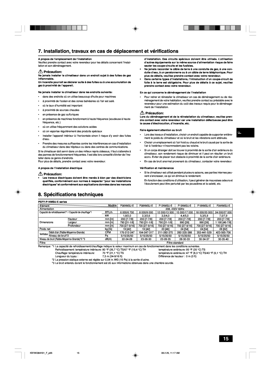 Maytag P18, PEFY-P06, P15, P12, P24 NMSU-E, P08 operation manual 8. Spécifications techniques 
