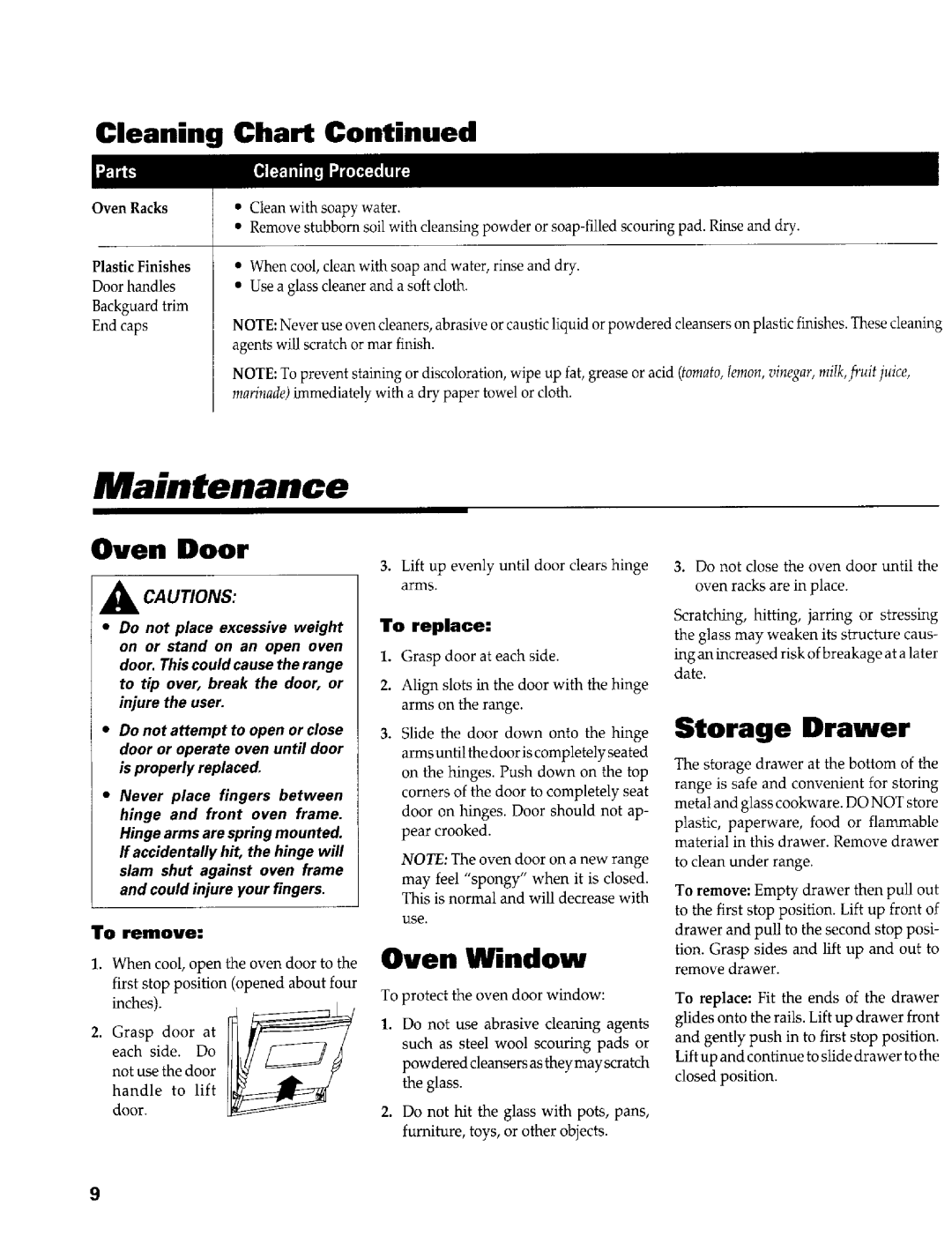 Maytag PER4510 warranty Maintenance, Storage Drawer, Cleaning, Chart, Continued, Oven Door, Acautions, Procedure, To remove 